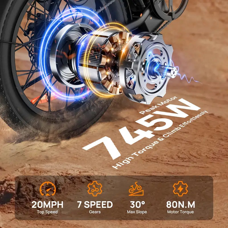 E20 Electric Bike — 745W • 48V 13Ah • up to 20 mph • 20×3″ Tires